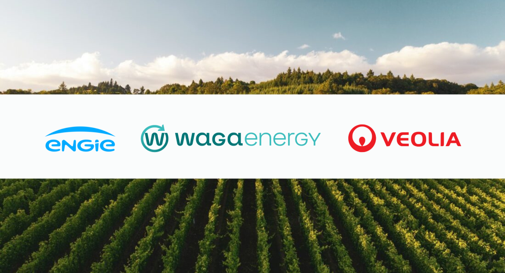 Visual - Banner with the logos of ENGIE, Waga Energy and Veolia, over an agricultural field.