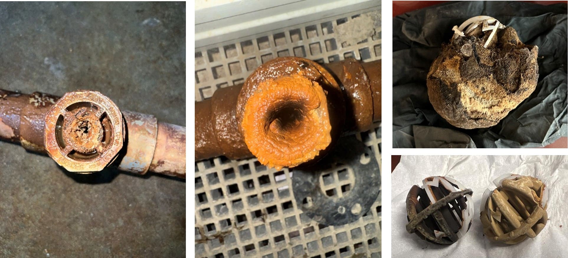 Figure 1. Clogged spray nozzles (left and middle) and deposits on packing media (right)